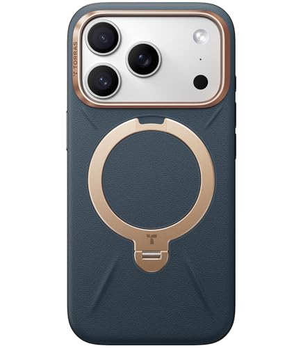 TORRAS iPhone 17 Pro 用 ケース【新感覚レザー・スキンタッチ】Ostand Q3 レザートーン MagSafe対応 リング スタンド 360°定点回転 縦横両対応 マグネット搭載 革 カメラコントロールボタン 米軍規格 耐衝撃 指紋防止 サファイア・ディープブルー
