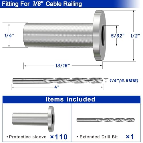 Image of Steel DN Mate 110 Pack T316 Stainless Steel Protector Sleeves for 1 /8 inch Cable Railing, Cable Protector Sleeves for Cable Railing System, Deck Railing Hardware with a Drill Bit DE11