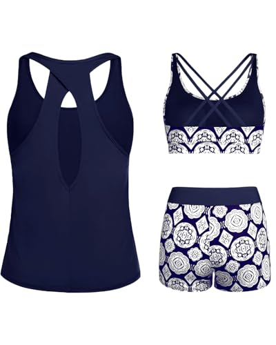 Image of Tempt Me 3 Piece Tankini Swimsuits for Women Athletic Bathing Suits Swim Tank Top with Boy Shorts and Bra Modest Swimwear