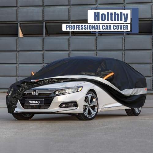 Image of Holhtly Car Cover Custom Fit for Honda Accord, Car Covers for Automobiles All Weather Waterproof Sun Snow Rain Wind Dust Protection, Outdoor Car Cover Black & Grey