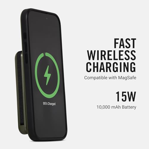 Image of Ridge Magnetic Power Bank Battery Pack 10,000mAh - Fast Charging, Compatible with MagSafe - Portable Charger Powerbank - with Built in Cables, Wireless Charging & Magnetic Attachment (Matte Olive)