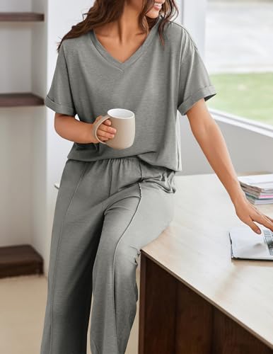 Image of Ekouaer Pajamas for Women Set 2 Piece Short Sleeve Tops with Long Pants V Neck Soft Pjs Casual Lounge Set with Pockets