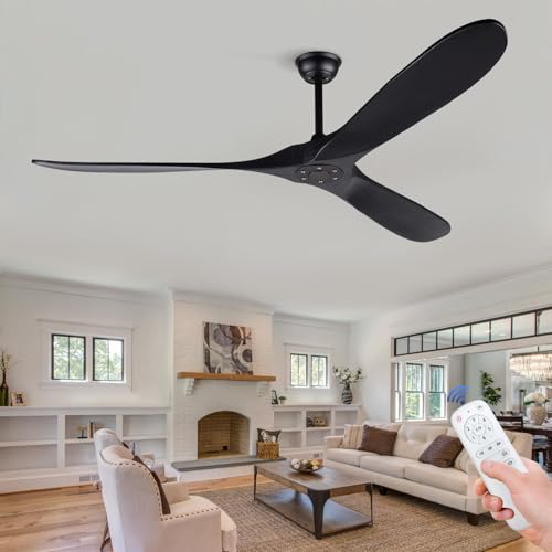BOJUE - Ventiladores de techo grandes de 72 pulgadas sin luces, ventiladores de techo negros sin luces con control remoto, 3 cuchillas de madera maciza, ventiladores de techo para interiores y