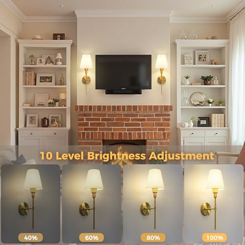 Image of DORESshop Battery Operated Wall Sconce Set of 2, Wall Light Wireless Easy to Install, Dimmable and Adjustable Sconces Wall Decor, Rechargeable Wall Lamp for Bedroom, Living Room, Gold 20.7in