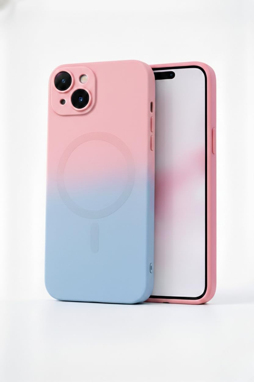 amazon basics Gradient Mag-Safe Case for iPhone 13 | Soft Silicone Shockproof Cover with Camera Protection | Slim Lightweight Design | Smooth Touch & Durable - Pink & Blue