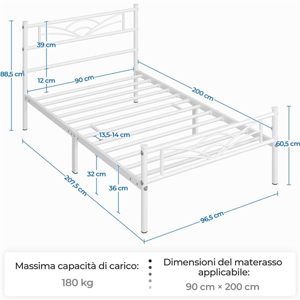 Yaheetech Struttura Letto Singolo in Ferro con Spazio Aggiuntivo Testiera a Forma di Nuvole Camera da Letto Soggiorno 90 x 200 cm Bianco