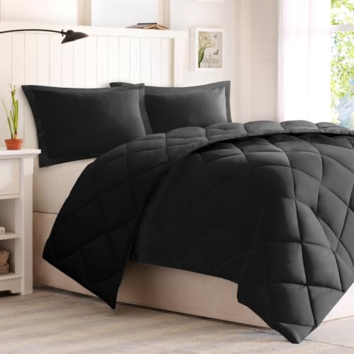 Image of Madison Park Comforter Set, Reversible Down Alternative All Season Microfiber Bedding, 3M Scotchgard Stain Release, King Dorm Comforter, Black /Black