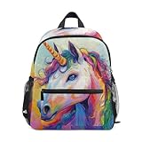 Mochila para niños y niñas, mini mochila de viaje con etiqueta de nombre y unicornio arcoíris, Unicornio arcoíris, 6-8 Years, Lindas mochilas