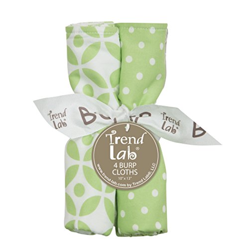 Lauren 4 Pack Burp Cloth Set - 4 Deluxe Burp Cloths, Dot, Stripe, Circle and Stripe Print, Green, Gray and White, White Cotton Terry Cloth, 10 in x 13 in
