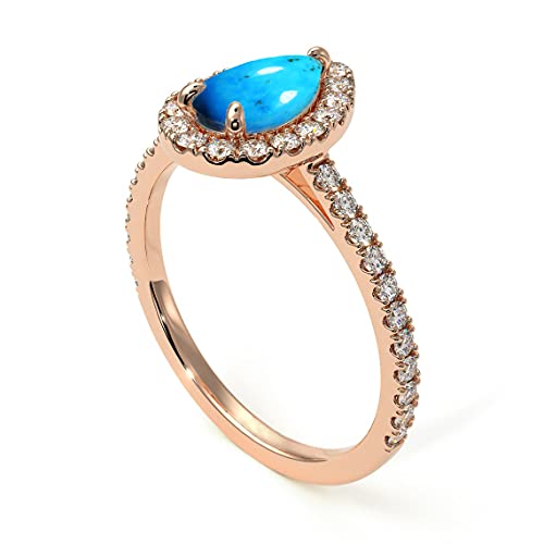 Gemsonclick Natural-Turquoise 18K Rose Gold Ring Pear Shape Halo Diamond Design Wedding Engagement Handmade And Fashion Jewelry For Women Girl Available In Size 7 #TOP2