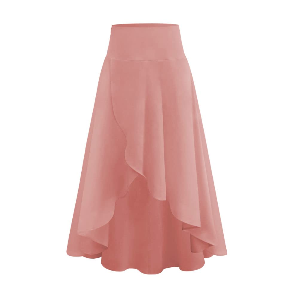 Gonne A Ruota,Gonna Lunga da Donna Rosa Gonna Temperamento A Vita Alta con Spacco Irregolare A-Line Increspato con Volant Eleganti Gonne Lunghe per Ragazze Signore,XL