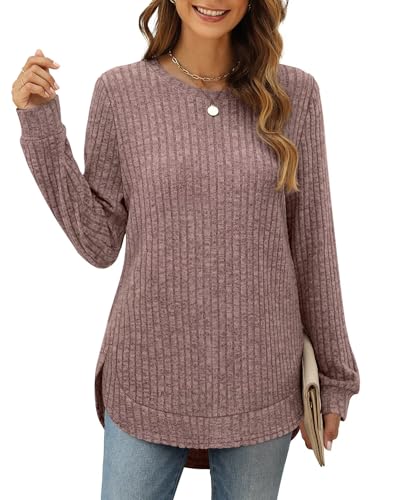 XIEERDUO Pullover Damen Strickpullover Sweatshirt Langarmshirt Herbst Winter Tunika Tshirt Elegant Oberteile Top Rosenbraun L