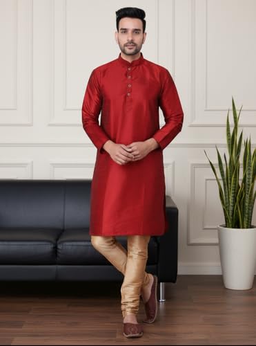 Image of Sadree Men's Silk Blend Mandrin Collor Full Sleeve Knee Length Indian Kurta Chudidar Pyjama Set
