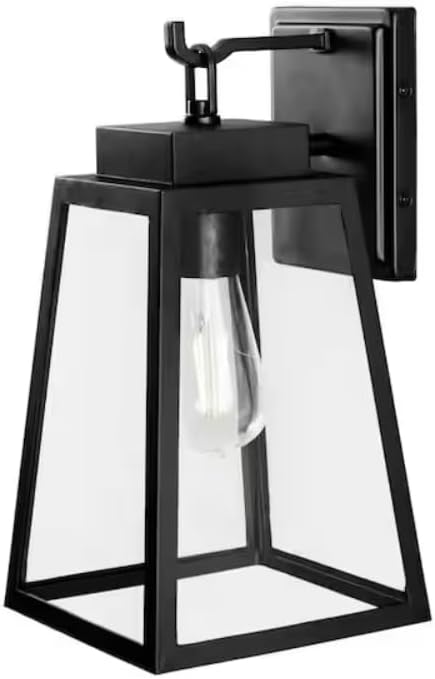 Hampton-Bay Corbin Medium Modern Outdoor Wall Light, 13-inch Black Lantern Sconce, Clear Glass