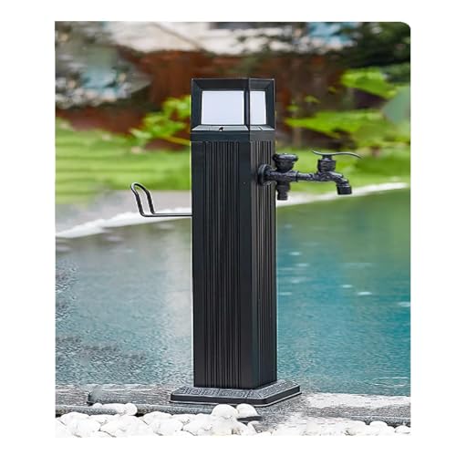 Poste de fuente de agua independiente, grifo de jardín alimentado por energía solar con luz, columna de agua exterior de 73,5 cm para riego eficiente del césped y decoración