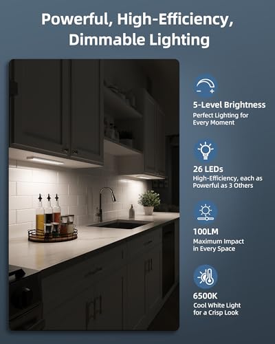 10inch Under Cabinet Lights, Motion Sensor Light Indoor, Wireless Closet Lights, 1800mAh Rechargeable Battery, Magnetic, 5 Levels Dimmable, Under Counter Lights for Kitchen, Bathroom (2 Pack) - Image 3