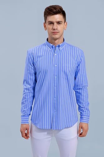 HKV FASHION Men's Blue Striped Casual Shirt - Image 5