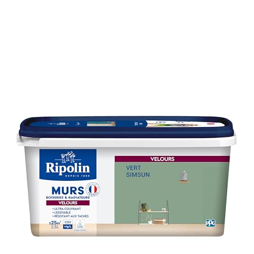 RIPOLIN - Peinture Intérieure Multi-Supports – Murs, Boiseries & Radiateurs – Ultra couvrante - Monocouche - Confort d'application - Aspect Velours - Vert Simsun - 2,5L