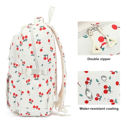 Image of Kids High Middle School Backpack for Girls 5-12 Kawaii Travel Cherry Bookbag,Beige Cherry
