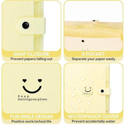 Image of SPS 5 Pocket Expanding File Folder Smile Design - Fits A4 & Letter Size Document Organizer, File Holder for Office, Accordion File Folders, Portable File Organizer, School & Home - Pastel Yellow