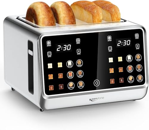 Keenstone Toaster 4 Scheiben Digitaler intelligenter Toaster mit Touchscreen Mit dualem Bedienfeld Einzelschachtel Toastfunktion sowie Aufwärm und Entfrostmodus ideal für Bagels Brot Waffeln Edelstahl