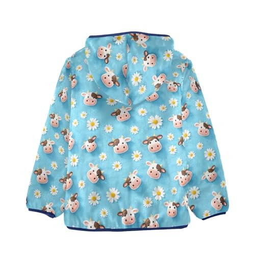 Cute Cow White Daisies Blue Toddler Zip up Hoodie, Comfy Light Fleece Outerwear Jackets 3T2
