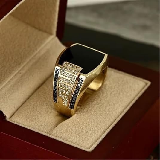 Men’s Fashion Ring 18K Gold Plated Black Onyx & Cubic Zirconia Punk Wedding Vintage Hip Hop Style Full Diamond Men's Ring, Trendy Cuban Link, Retro Gentleman Jewelry, Size 6-13 (72