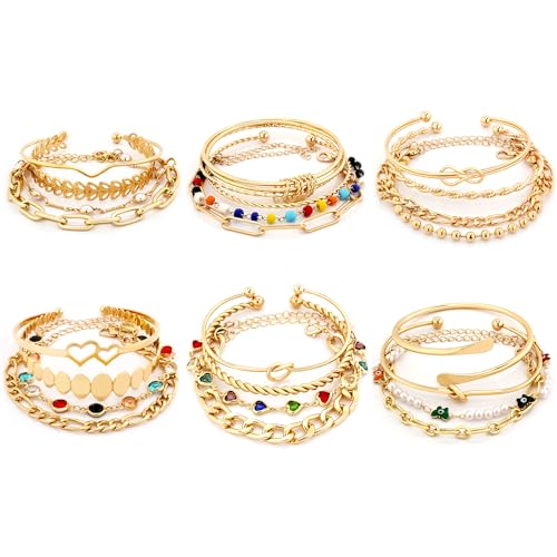Boho Gold Chain Bracelets Set for Women Girls Multiple Layered Necklace Open Cuff Wrap Bangle Adjustable Link Chian BraceletsJewelry for Women Girls Gift