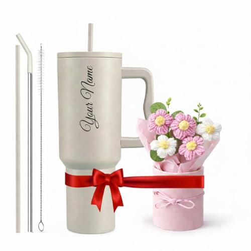 Image of VOLITO Personalised 1200ml Steel Insulated Tumbler with Straw | Personalized Tumbler + Crochet Flower Bouquet Gift for Birthdays, Weddings, Anniversaries - Gift for Women, Men, and Girls (AlmondTrek)