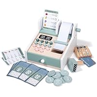 Donmills Wooden Toy Cash Register for Kids, Wooden Montessori Toys for Toddlers Shopping Playset, Kids Cash Register with Scanner & Drawer, Educational Pretend Play Toy Gift for Girls and Boys