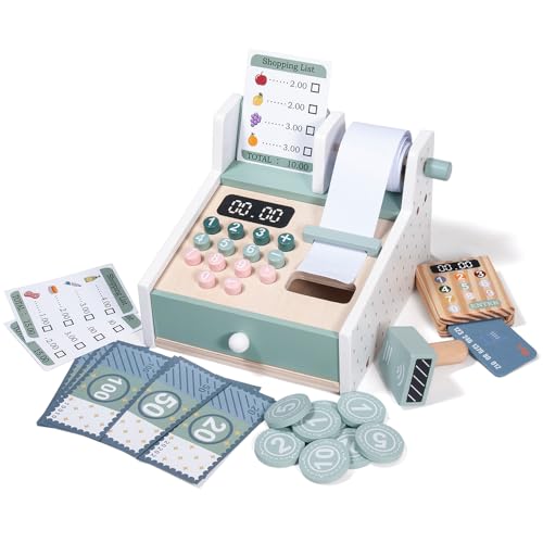 Donmills Jouet enregistreuse en bois pour enfants, jouets Montessori en bois pour tout-petits, caisse enregistreuse pour enfants avec scanner et tiroir, jouet...