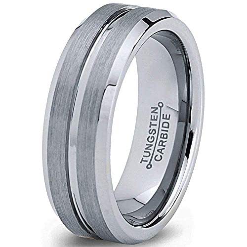Tungsten Wedding Band Ring - 8mm Width, Grey Flat Cut, Brushed & Polished Finish, Comfort Fit