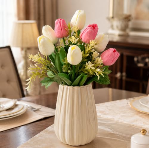 Image of Divyakosh Artificial Flowers Bunch (Vase Not Included). Artificial Flower for Vase Flower Bouquet Gift, 8 Artificial Tulips, 5 Ivory White & 3 Soft Pink, Home Decor for Living Room Office