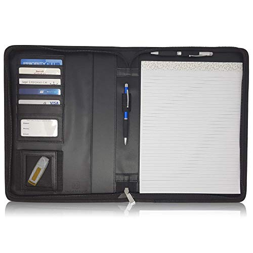 Lean Zippered Leather Business Portfolio - Black Professional Executive PU Leather Business Portfolio Folder for Men or Women. Padfolio Includes 8.5x11