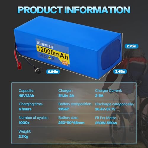 Image of 48V Ebike Battery, 48V Lithium Battery 12Ah with 2A Charger, XT60 Connector, T-Plug and BMS for 250W 550W 750W Electric Bicycles Motor /Ebike Kit