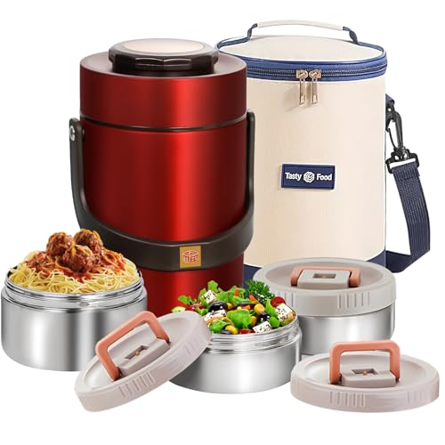 Gicklov 67 oz Adults Stainless Steel Vacuum Insulated Wide Mouth Soup Food Thermo Hot Food Jar with Keep Thermal Portable 3 Tier Stackable Bento Hot Food Containers Lunch Boxes (67 oz Red) by Gicklov - Used condition - US$35.33