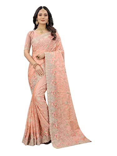 Sari de mariage en organza brodé Zarkan et Resham luxe couleur pêche