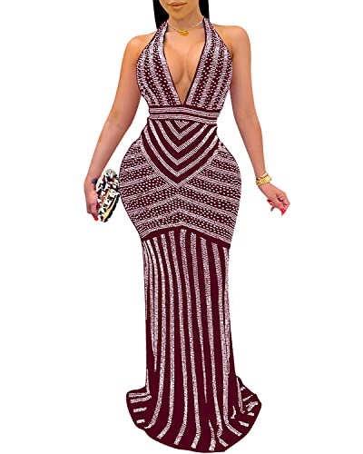 Image of PORRCEY Women's Sexy Deep V Neck Backless Rhinestone Dresses Sexy Long Mermaid Evening Dress(3816,Wine Red,XL)