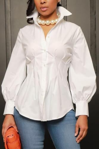 LROSEY Sexy Women’s Button Down Tunic Shirts Plus Size Long Puff Sleeve Peplum Tops Collared Blouses3