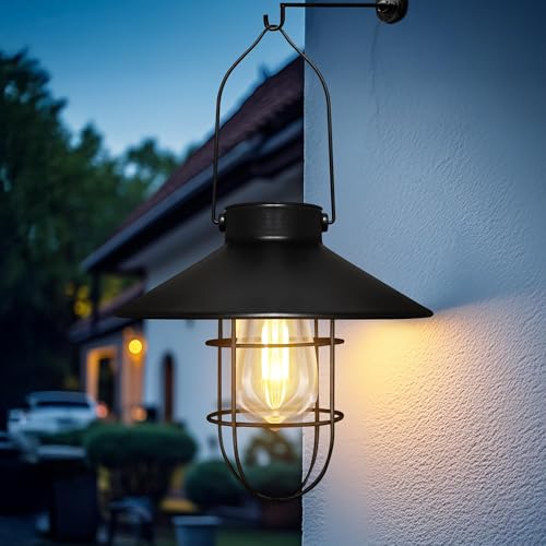Pearlstar Solar Lanterns, Hanging Outdoor Lanterns with Led Edison Bulbs, 8.4 Inches, Black, Waterproof, Solar Powered