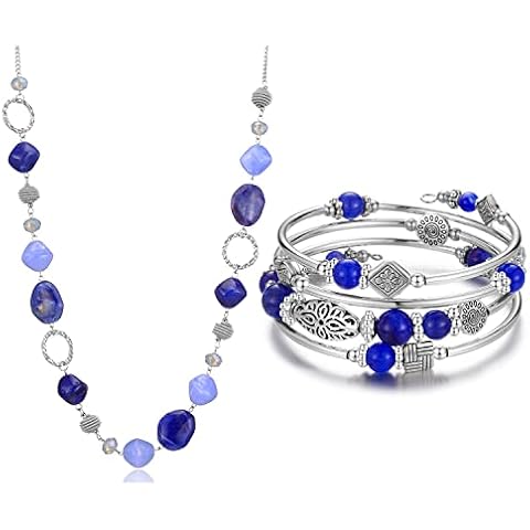 BULINLIN Silver Beaded Sweater Chain Necklace Layered Wrap Bangle Bracelet Set Cover