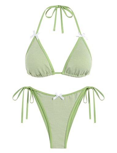 Image of ZAFUL Bikini Sets for Women Halter Bow Decor Tiny Floral Gingham Print Swimsuit Tie Side 2 Pieces Bathing Suit