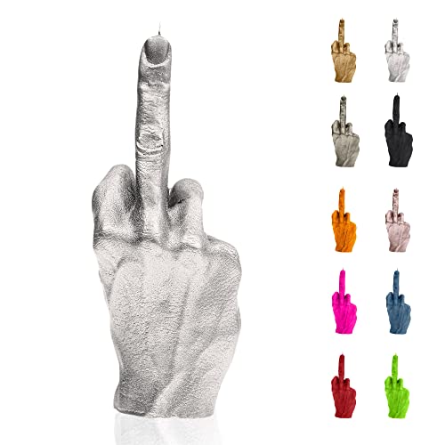 Candellana Bougie doigt d'honneur | FCK | Hauteur: 20 cm | Argenté | Le temps de brûlage 30h | La taille de la bougie est 1:1 d'une vraie main | Fait Main en EU Cover