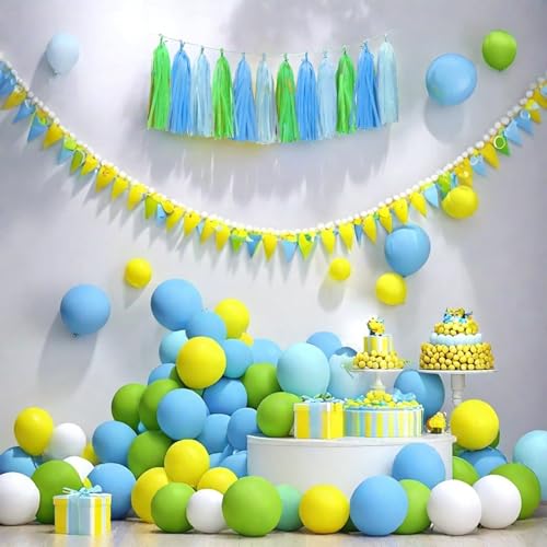 Image of Blue Light Blue and Green Tassel Garland Banner Paper Tassels for Party Decorations,Pack of 15