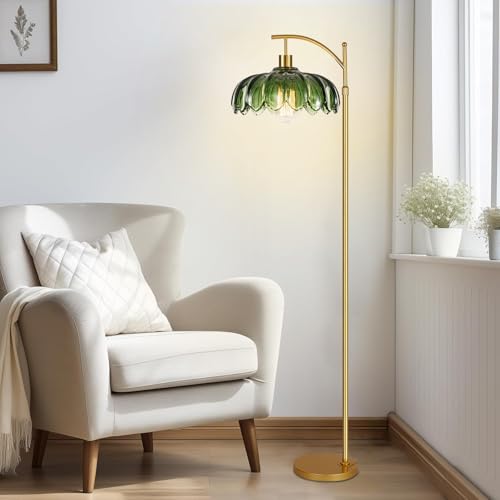 Image of AHDWDW Floor Lamp for Living Room Bedroom,Gold Dimmable Standing Lamp with Remote,Mid Century Modern Brass Tall Lamp Vintage Green Glass Lamp Floor Light,Arc Unique Floor Lamps for Office Corner