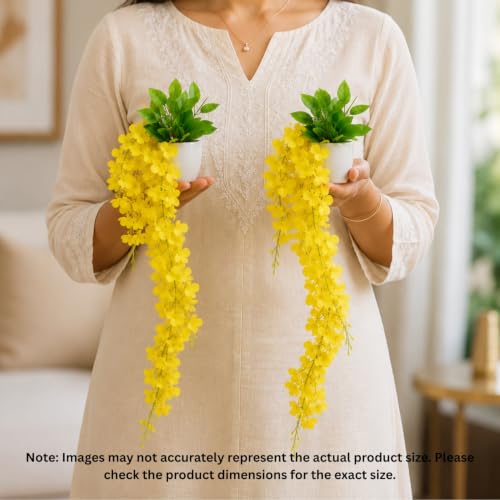 Image of fancymart Artificial Flower Yellow Wisteria Hanging Plant with White Pot, 60 cm Height, Pack of 2, Realistic Floral Vine for Home, Office, Living Room & Wall Decor