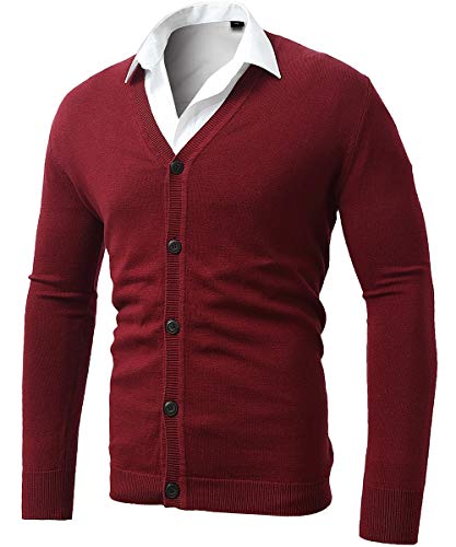 Mens Button Down Sweaters, Pure Cotton Classic Fit Soft Casual Knitted Jacket V Neck Cozy Sweaters for Winter Burgundy S
