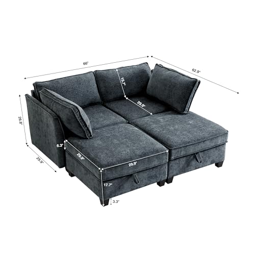 Image of ORRD Sleeper Modular Sectional Sofa Set, Convertible Couch Bed with Storage, 4 Seater and 2 Armrestes Sofa Modular for Living Room, Office (Blue Grey)