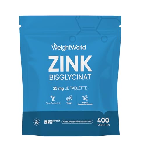 Zink Tabletten - 400 vegane Tabletten - 1+ Jahr Vorrat - Zinc trägt zur Aufrechterhaltung eines normalen Testosteronspiegels im Blut bei (EFSA) - Zink Bisglycinat - WeightWorld
