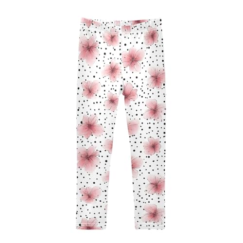 Pink Flower Polka Dot Girls Leggings Ultra Soft Compression Yoga Gym Pants for Kids 4-10T